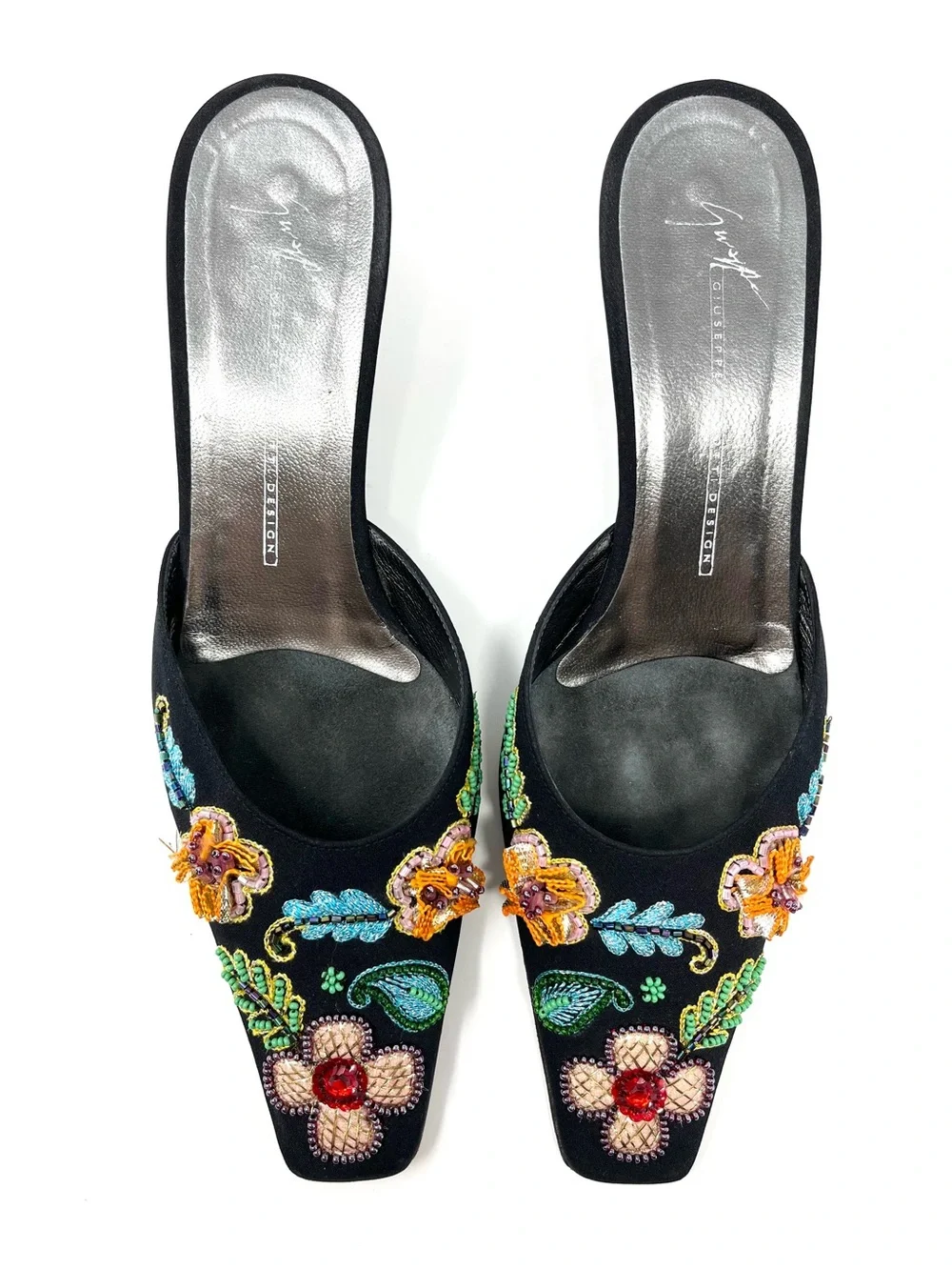 Vintage Giuseppe Zanotti Y2K Black Satin Beaded Flower Mules Kitten Heels 7.5 - Picture 2 of 10